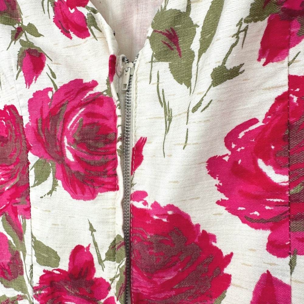 Vintage 50s 60s Floral Barkcloth Wiggle Sheath Dress S Pink Roses Mod Pin Up - Picture 6 of 10
